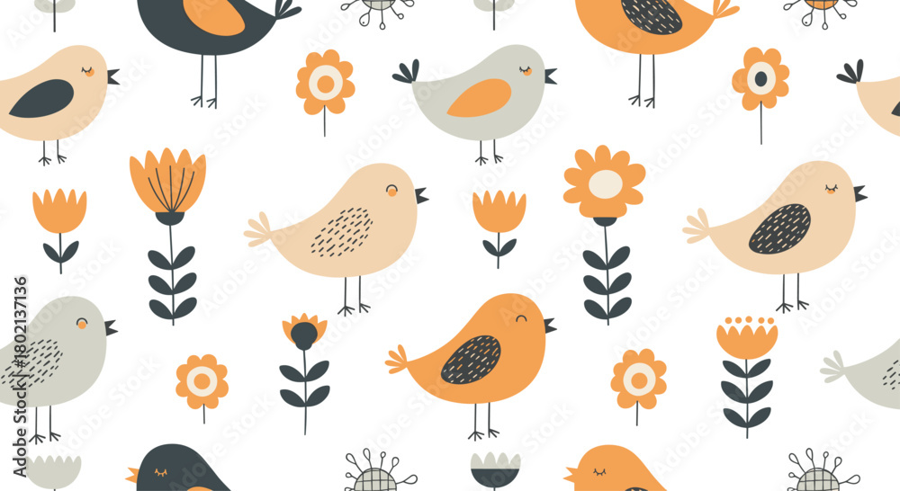 Fototapeta premium Charming seamless pattern featuring whimsical birds and stylized flowers in a soft color palette, perfect for spring or children's designs.