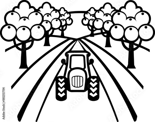 SVG vector illustration of a tractor carrying fruits.Tractor with Cart Full of Fresh Farm Produce