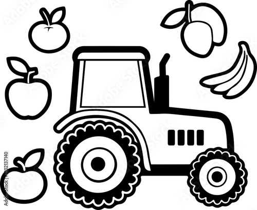 SVG vector illustration of a tractor carrying fruits.Black and White Tractor with Fruit on Farm Landscape