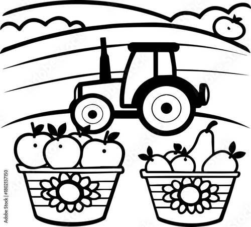 SVG vector illustration of a tractor carrying fruits.Tractor Design with Apples and Produce Baskets
