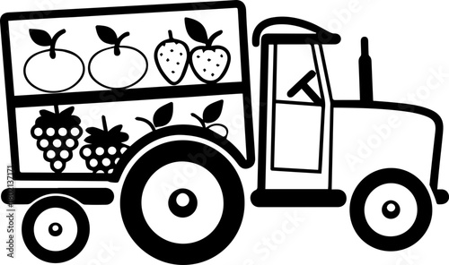 SVG vector illustration of a tractor carrying fruits.Tractor in Orchard with Trees and Apples Outline Art