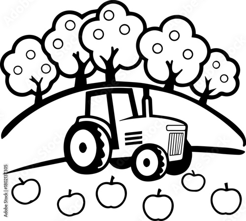 SVG vector illustration of a tractor carrying fruits.Black and White Tractor with Barrel Cart Illustration