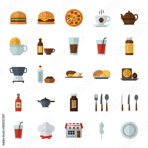 Vibrant flat design icons set featuring diverse food, beverages, and kitchen essentials.