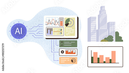 AI module connected to data dashboards, charts, and bar graphs, alongside a cityscape view. Ideal for technology, innovation, data analytics, business growth, artificial intelligence urban
