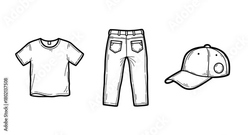 Minimalist clothing collection: t-shirt, jeans, and cap in linear art style