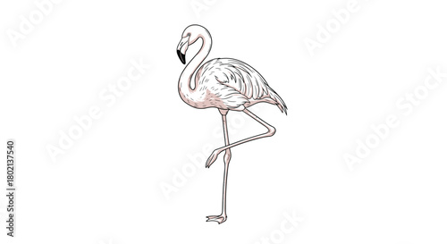 Detailed sketch illustration of a flamingo standing on one leg, showcasing its elegant form and long, slender legs in a minimalist style.