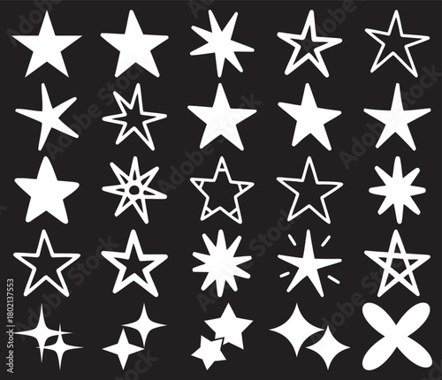 Collection of Various White Star Shapes on a Black Background Illustration