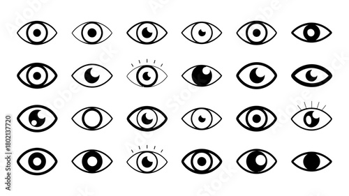 Abstract eye icons vector set with various styles, symbolizing vision, surveillance, observation, privacy, and awareness on a clean background.