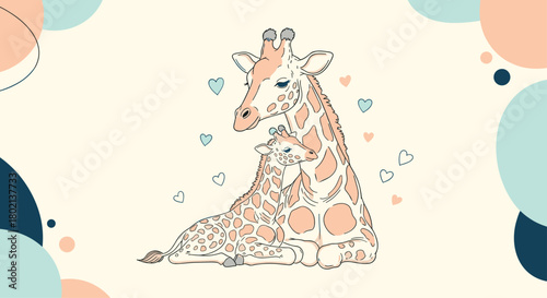 A heartwarming illustration depicts a mother giraffe tenderly nuzzling her baby giraffe, surrounded by gentle pastel shapes and floating hearts, conveying love and affection.