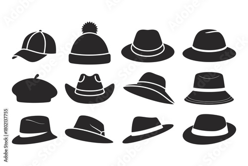Diverse collection of various hat silhouettes, including baseball cap, beanie, fedora, cowboy, beret, and cloche, showcasing different headwear styles.