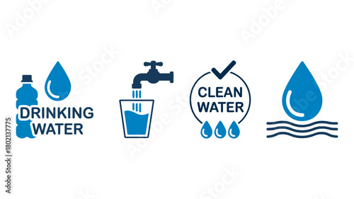 Drinking water and clean water icons set, symbolizing safe hydration, water quality, availability, global water resources, and sustainability.