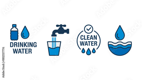 Water icons set illustrating drinking water, tap water filling a glass, clean water concept, and water waves, isolated on a white background.