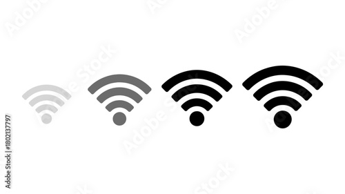 Wi-fi signal strength indicators displaying various connection levels, from weak to full, representing wireless internet network availability and quality.