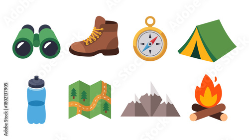 Outdoor adventure gear icons for camping and hiking. set features binoculars, trekking boot, compass, tent, water bottle, map, mountain, campfire.