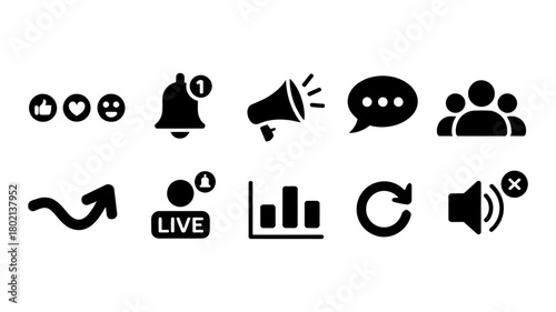 Digital communication and social media icon set for web, app, and interface design, featuring notifications, live streaming, and analytics.
