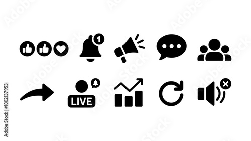 Social media and web ui icon set for digital communication, online engagement, marketing, and network interaction; modern vector illustration.
