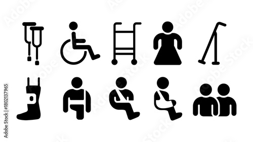 Comprehensive medical icon collection illustrating disability, injury, and rehabilitation with assistive devices such as crutches, wheelchairs, walkers, and casts.