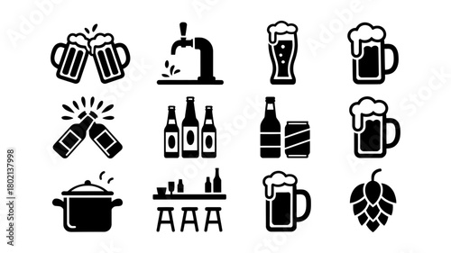 Beer icons set featuring various elements like mugs, bottles, taps, and ingredients, perfect for bar menus, craft brewery designs, and festive celebrations.