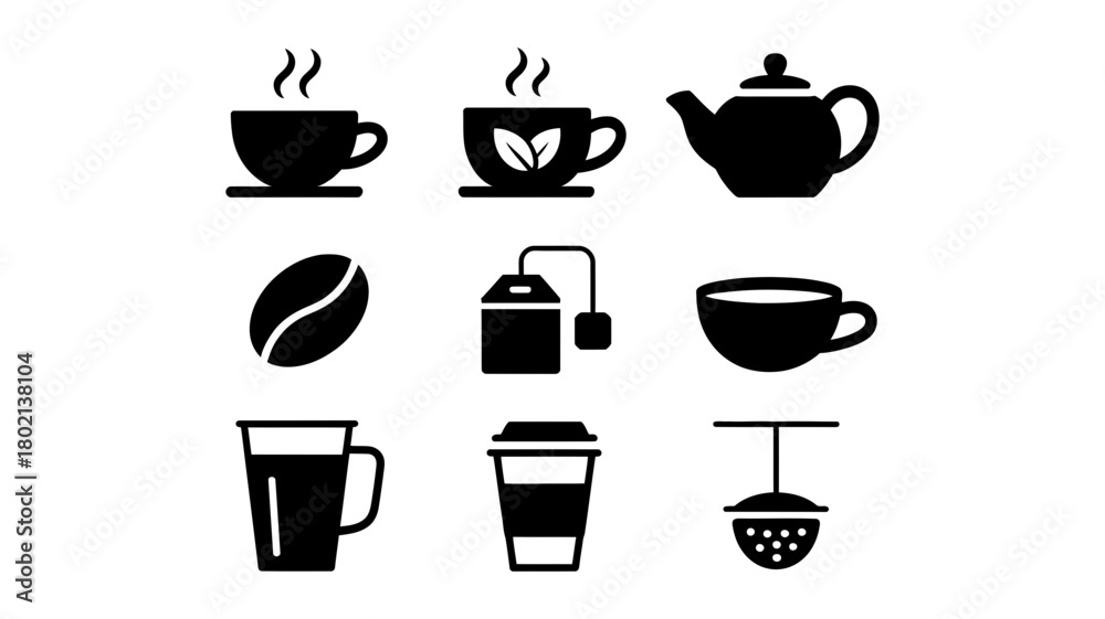 Obraz premium Collection of beverage icons including coffee cups, tea cups, teapot, coffee bean, tea bag, disposable cup, and tea infuser silhouettes