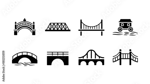 Collection of diverse bridge icons in black silhouette style, featuring various architectural designs for connection, infrastructure, and travel.