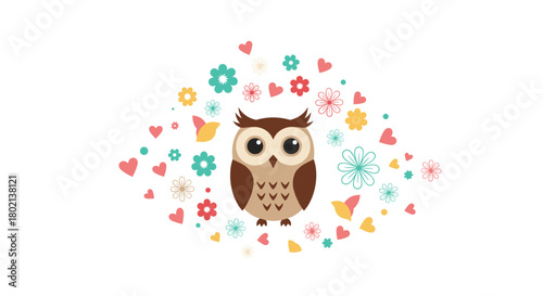 Charming illustration of a cute brown owl surrounded by colorful flowers and hearts, creating a whimsical and delightful springtime scene.