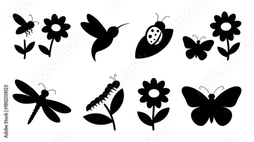 Nature black silhouette set of diverse insects: bee, butterfly, ladybug, dragonfly, hummingbird, caterpillar, and simple flowers, perfect for graphic design elements.