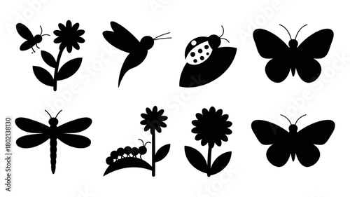 Nature-inspired silhouette vector icon set featuring insects, a hummingbird, and flowers for minimalist graphic design and eco-friendly projects.
