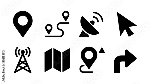 Collection of essential black navigation, location, communication, and routing icons for digital mapping, gps, internet services and mobile applications