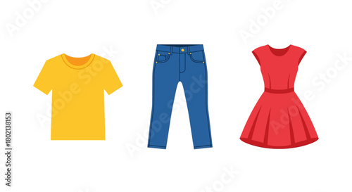 Flat design casual clothing set: t-shirt, jeans, and dress