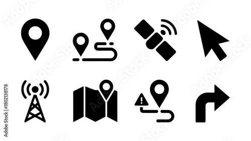Set of navigation and location icons featuring gps, map routes, satellite communication, pointers, and signal towers for various digital applications
