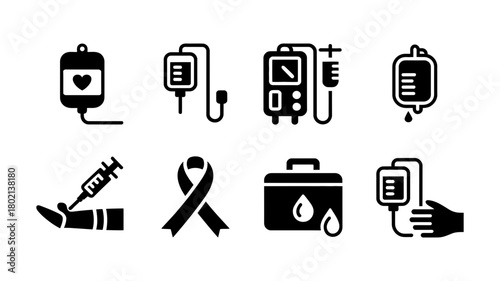 Essential medical icons collection: iv drips, blood transfusion, syringe, cancer awareness, first aid kit, and healthcare treatment symbols.