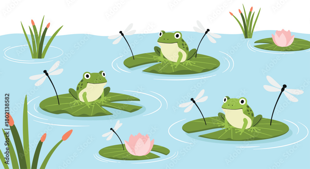 Fototapeta premium Cheerful green frogs sit on lily pads in a tranquil pond scene with dragonflies and pink water lilies, creating a peaceful nature illustration.