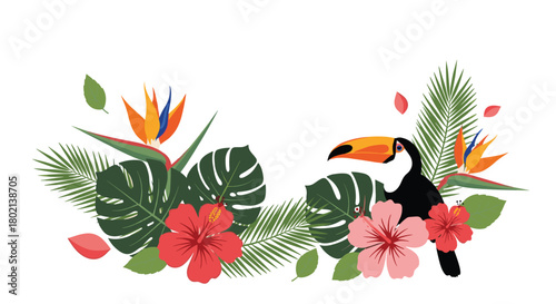 A vibrant tropical arrangement featuring a toucan amidst lush foliage and colorful hibiscus and bird of paradise flowers, creating a summery scene.