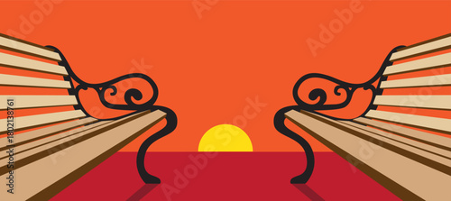 Two empty park benches facing a sunset vector illustration