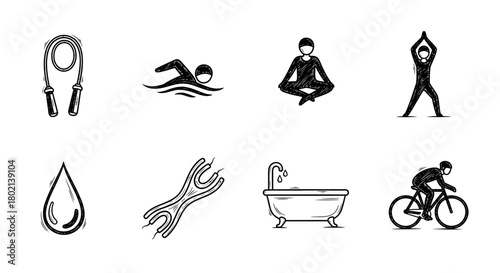 Minimalist fitness icons: yoga, cycling, and more in sketch style