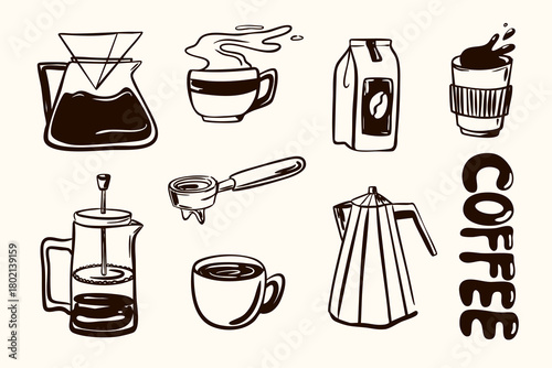 Hand drawn coffee vector element set with cups, drip coffee, portafilter, and takeaway cup. Perfect for menu, branding, design and packaging. 
