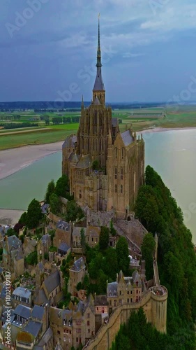  Aerial view of Mont Saint Michel.Iconic island and monastery, Normandy, France