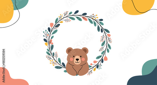 Adorable brown bear peeks out from a floral wreath, creating a charming and whimsical illustration perfect for children's designs or nature-themed projects.