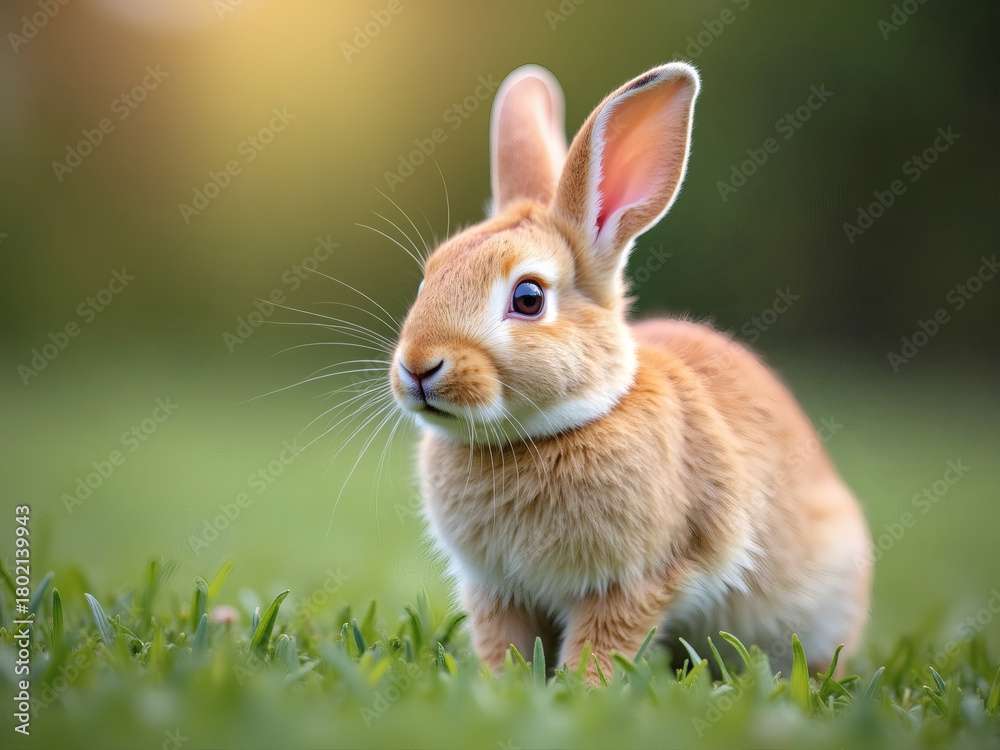 Fototapeta premium Cute brown rabbit exploring a lush green meadow during a warm afternoon