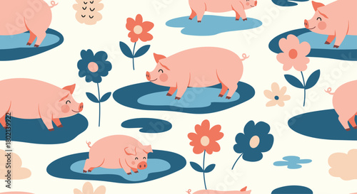 Cheerful pink pigs happily wallow in blue mud puddles amongst colorful wildflowers in a repeating pattern, creating a whimsical and playful design.