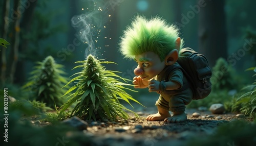 Green haired troll with backpack explores forest, finds blooming cannabis plant. Smoke rises from herb, tiny sparkles float around. Magical weed discovery in woodland.