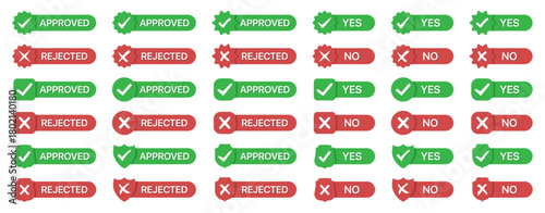 Set of approved and rejected badges icon in a flat design. Yes and no badges