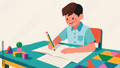 Illustration Of A Boy Doing Homework Vector Design Template