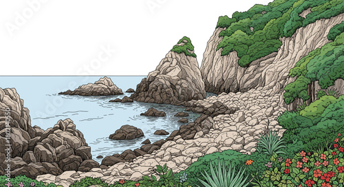 A serene coastal landscape features rocky cliffs, lush vegetation, and calm blue waters, creating a peaceful and picturesque seaside scene.