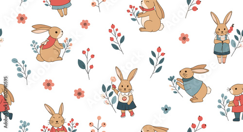 Charming seamless pattern featuring adorable anthropomorphic rabbits in colorful outfits amidst delicate floral arrangements, perfect for children's designs.