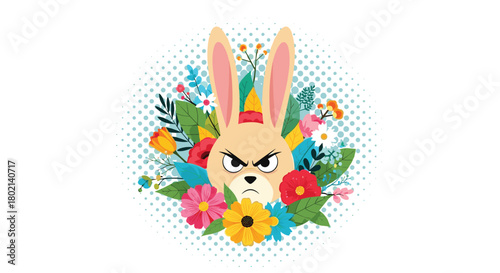 An adorable yet grumpy bunny face is surrounded by a vibrant floral arrangement on a dotted background, creating a whimsical and slightly edgy Easter design.