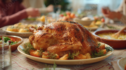 Roasted turkey on a table ready for a feast, with family gathered around
