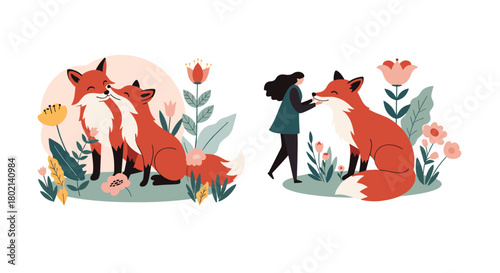 Charming illustrations depict a heartwarming connection between humans and foxes amidst a vibrant floral setting, showcasing trust and gentle interaction.