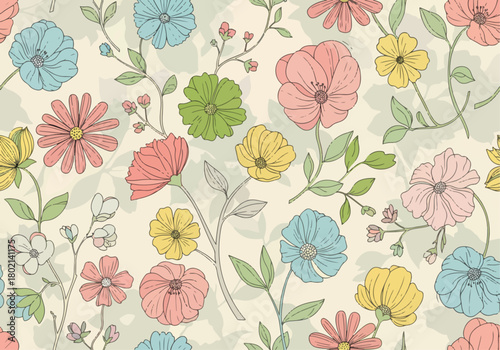 Modern floral pattern. Leaves and flowers on a white background. Colorful cover. Design for card, invitation, book, info banner frame, title sheet, presentation, wrapping, printing on fabric.