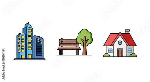 Urban and suburban scenes featuring buildings, park, and housing in modern style